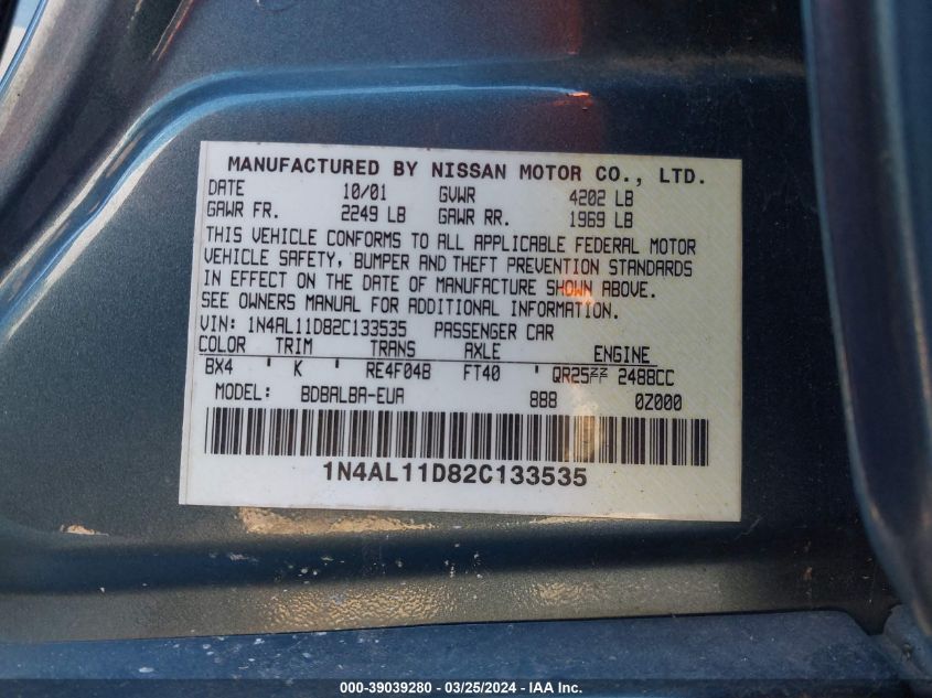 1N4AL11D82C133535 | 2002 NISSAN ALTIMA