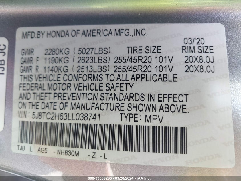 VIN 5J8TC2H63LL038741 2020 ACURA RDX A-SPEC PACKAGE