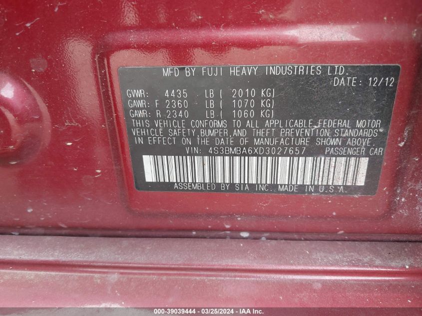 2013 Subaru Legacy 2.5I VIN: 4S3BMBA6XD3027657 Lot: 39039444