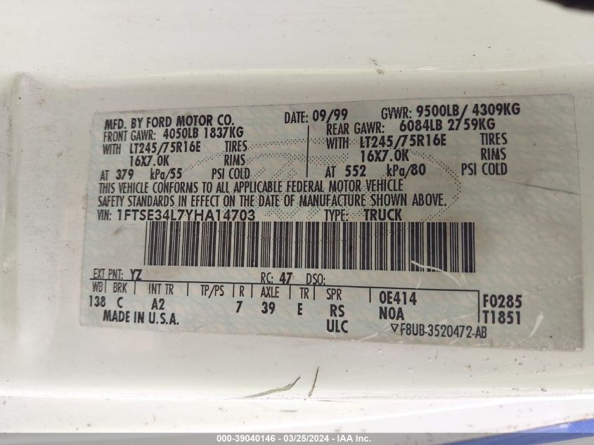 2000 Ford E-350 Super Duty Commercial/Recreational VIN: 1FTSE34L7YHA14703 Lot: 39040146