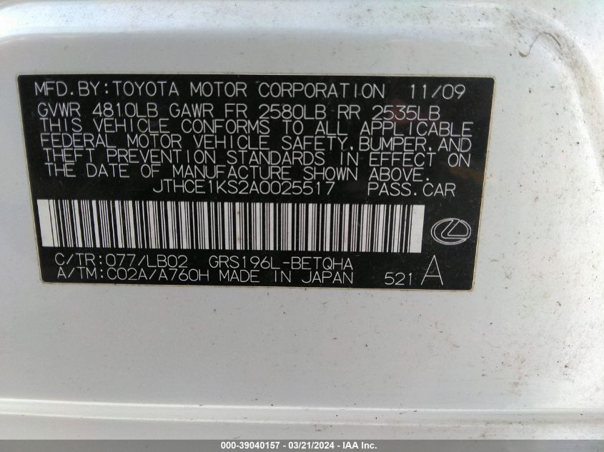 JTHCE1KS2A0025517 | 2010 LEXUS GS 350