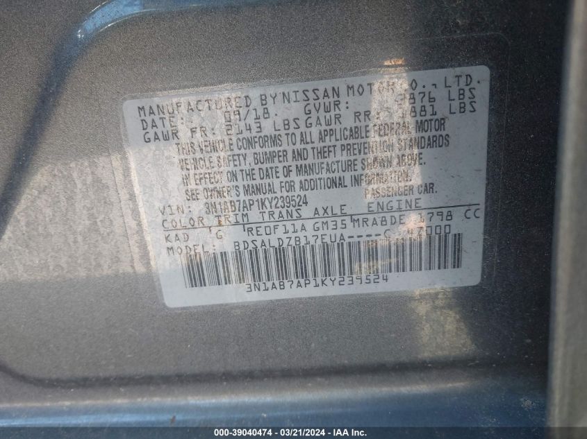 3N1AB7AP1KY239524 | 2019 NISSAN SENTRA