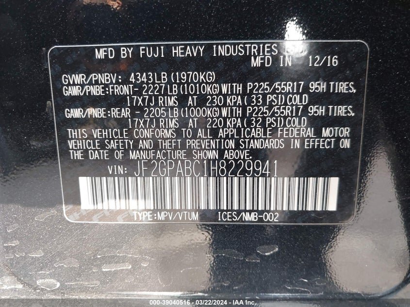 VIN JF2GPABC1H8229941 2017 SUBARU CROSSTREK PREMIUM