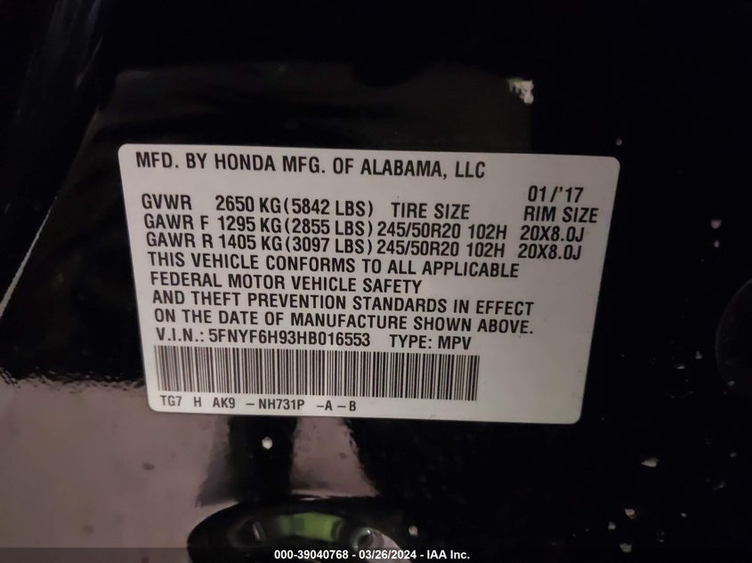 2017 HONDA PILOT TOURING - 5FNYF6H93HB016553