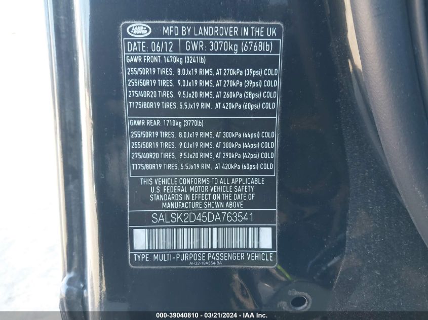 2013 Land Rover Range Rover Sport Hse VIN: SALSK2D45DA763541 Lot: 39040810