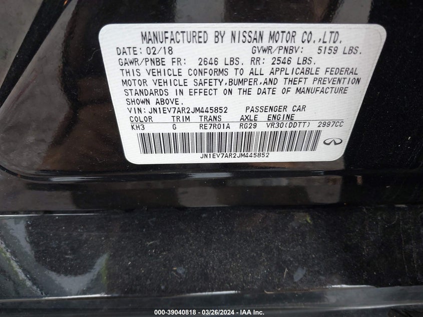 VIN JN1EV7AR2JM445852 2018 INFINITI Q50 3.0T LUXE