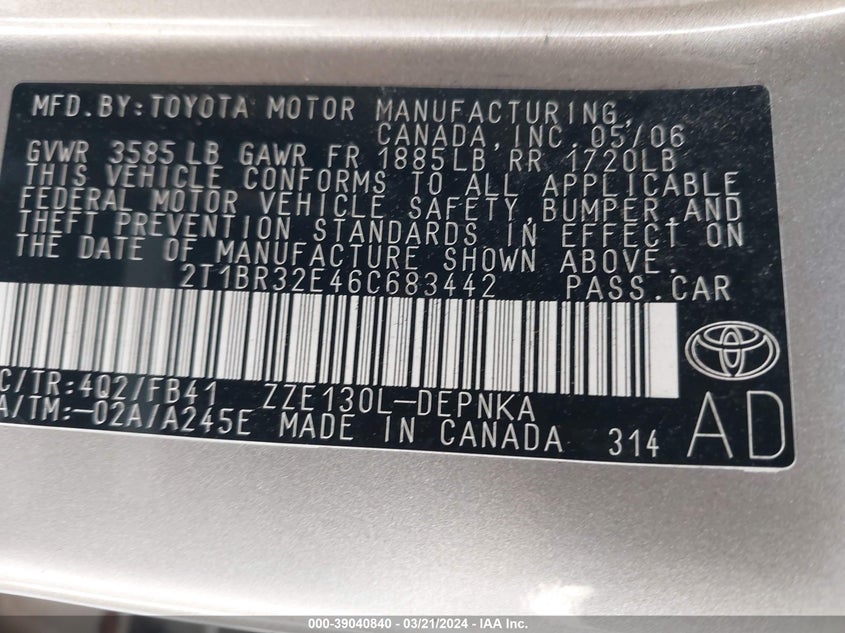 2006 TOYOTA COROLLA VIN: 2T1BR32E46C683442