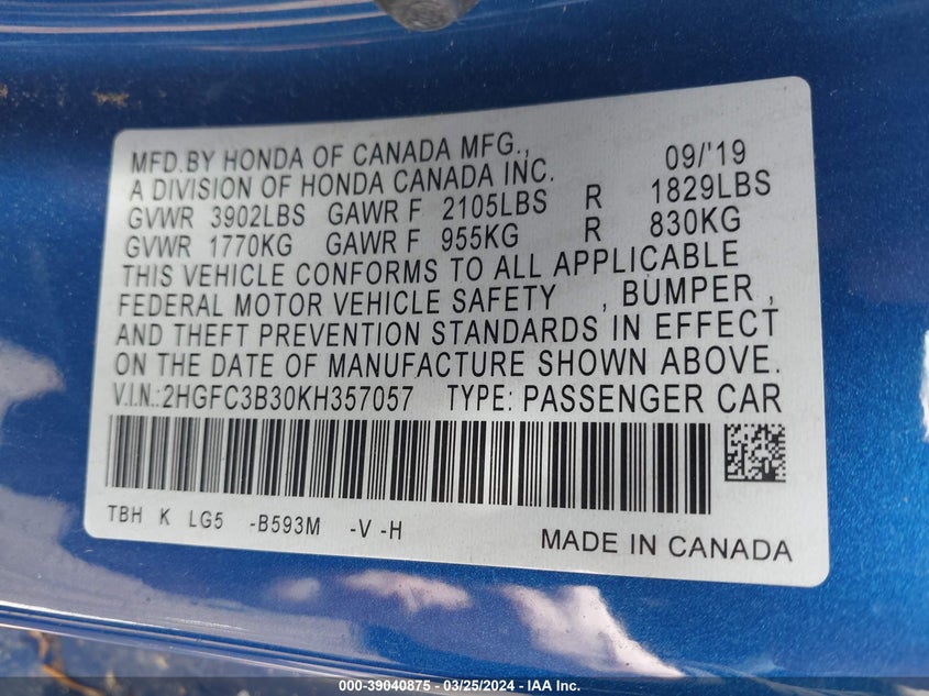 2019 HONDA CIVIC EX - 2HGFC3B30KH357057