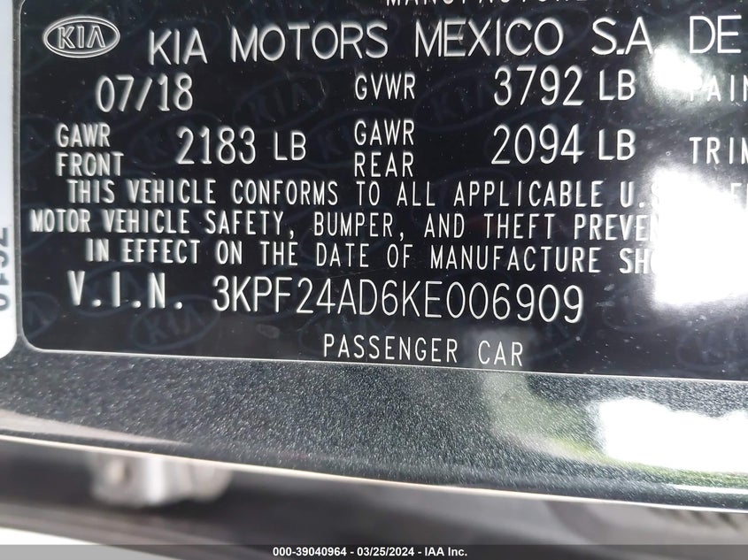 2019 KIA FORTE FE/LX/LXS - 3KPF24AD6KE006909
