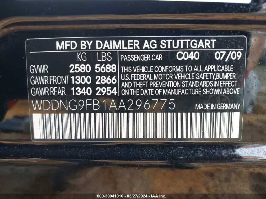 WDDNG9FB1AA296775 | 2010 MERCEDES-BENZ S 400 HYBRID