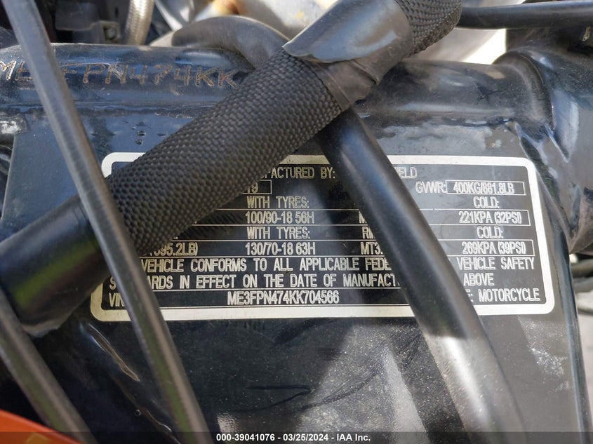 VIN ME3FPN474KK704566 2019 ROYAL ENFIELD MOTORS INT 650