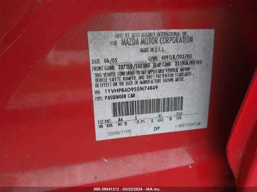 2005 Mazda Mazda6 S Sport VIN: 1YVHP84D955M74849 Lot: 39041212
