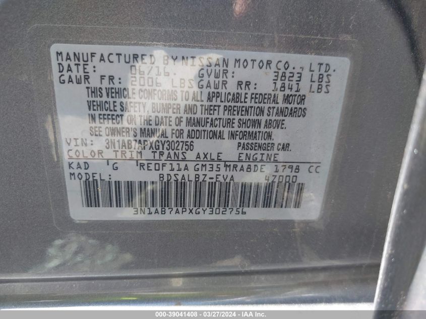 3N1AB7APXGY302756 | 2016 NISSAN SENTRA