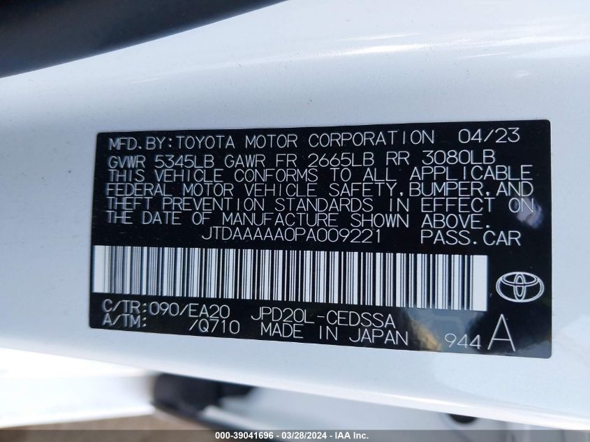 JTDAAAAA0PA009221 2023 Toyota Mirai Xle