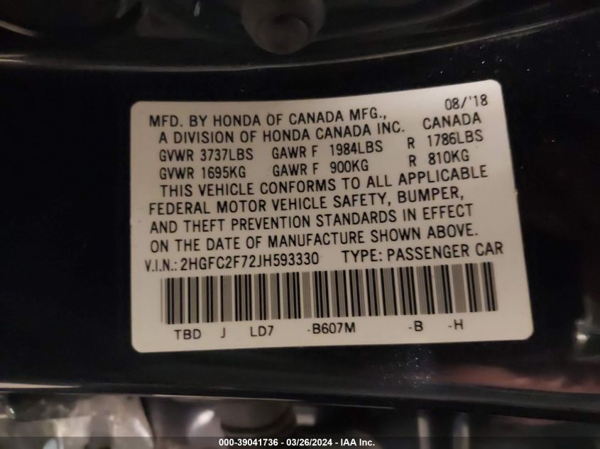 2HGFC2F72JH593330 | 2018 HONDA CIVIC