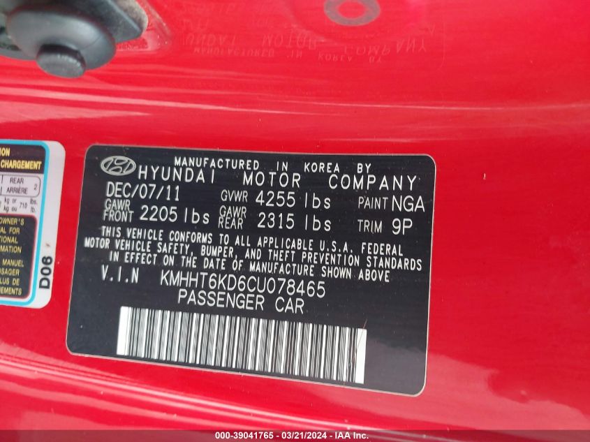 2012 Hyundai Genesis 2.0T VIN: KMHHT6KD6CU078465 Lot: 39041765