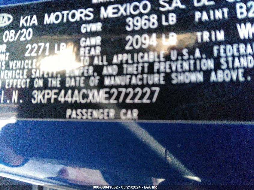 3KPF44ACXME272227 | 2021 KIA FORTE