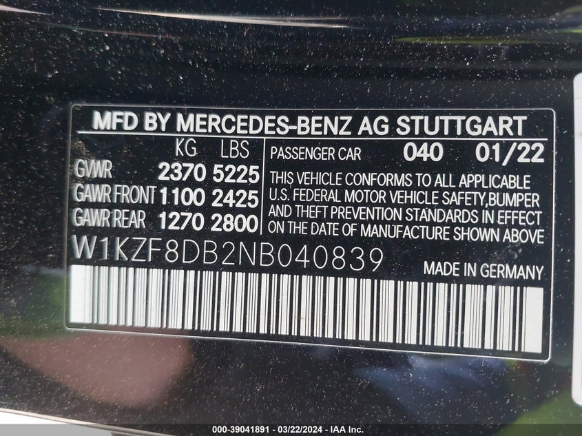VIN W1KZF8DB2NB040839 2022 MERCEDES-BENZ E 350