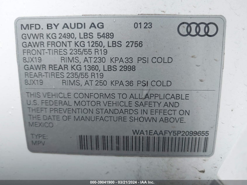VIN WA1EAAFY5P2099655 2023 AUDI Q5 PREMIUM PLUS 45 TFSI S LINE QUATTRO