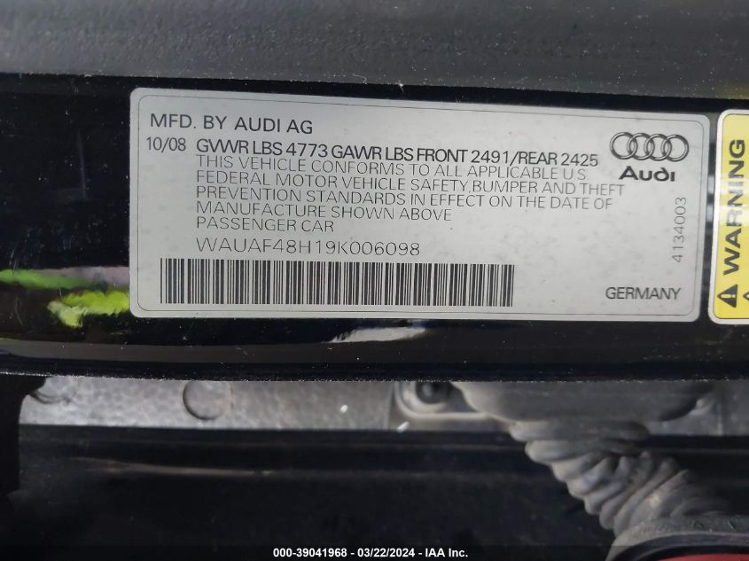 WAUAF48H19K006098 | 2009 AUDI A4