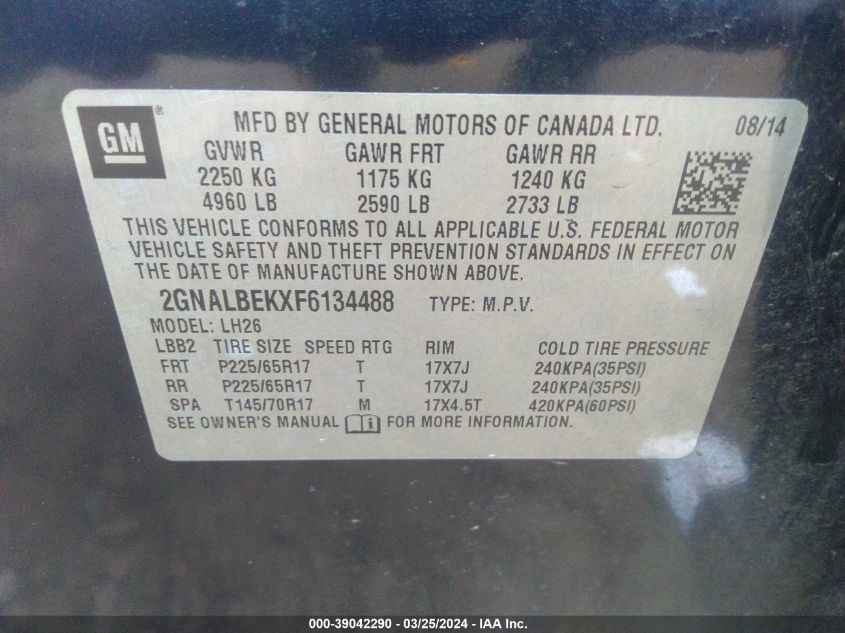 2GNALBEKXF6134488 2015 Chevrolet Equinox 1Lt