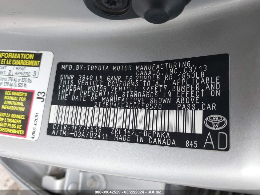 2T1BU4EE4DC058570 | 2013 TOYOTA COROLLA