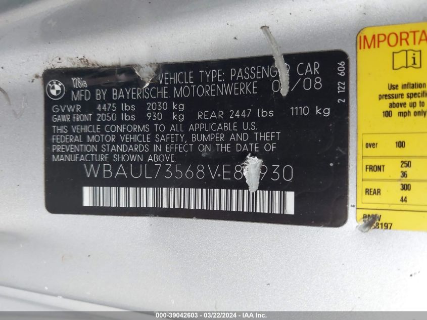 WBAUL73568VE88930 2008 BMW 128I