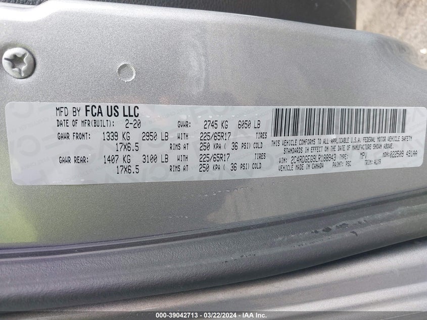 VIN 2C4RDGEG9LR188943 2020 DODGE GRAND CARAVAN GT
