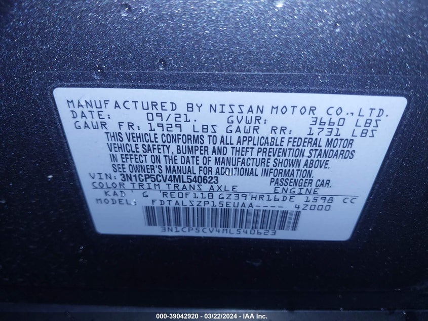 2021 NISSAN KICKS SV XTRONIC CVT - 3N1CP5CV4ML540623