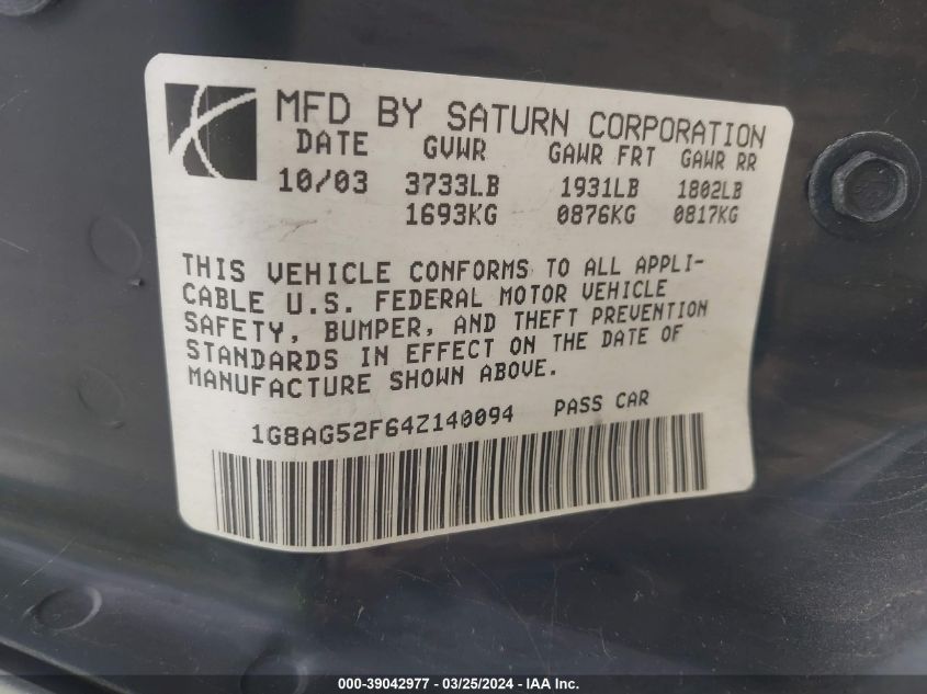 1G8AG52F64Z140094 | 2004 SATURN ION