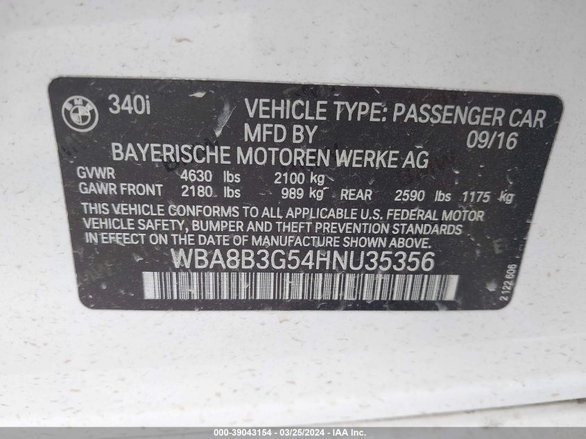 2017 BMW 340I - WBA8B3G54HNU35356