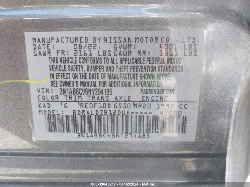 VIN 3N1AB8CV8NY294185 2022 NISSAN SENTRA no.9