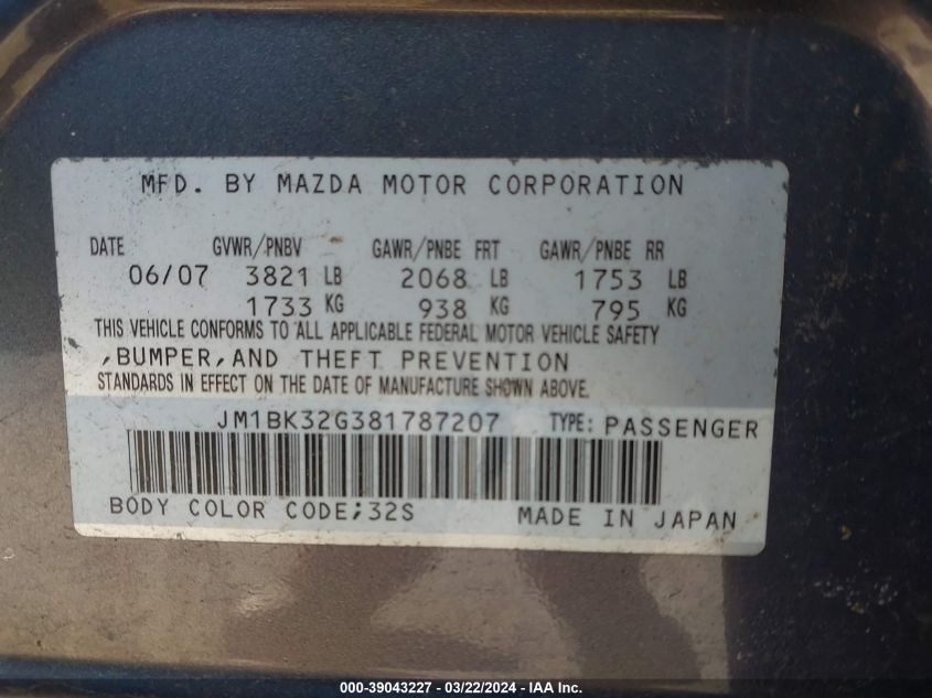 JM1BK32G381787207 | 2008 MAZDA MAZDA3