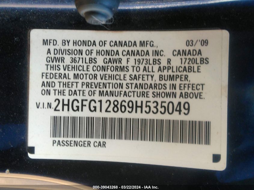 2HGFG12869H535049 | 2009 HONDA CIVIC