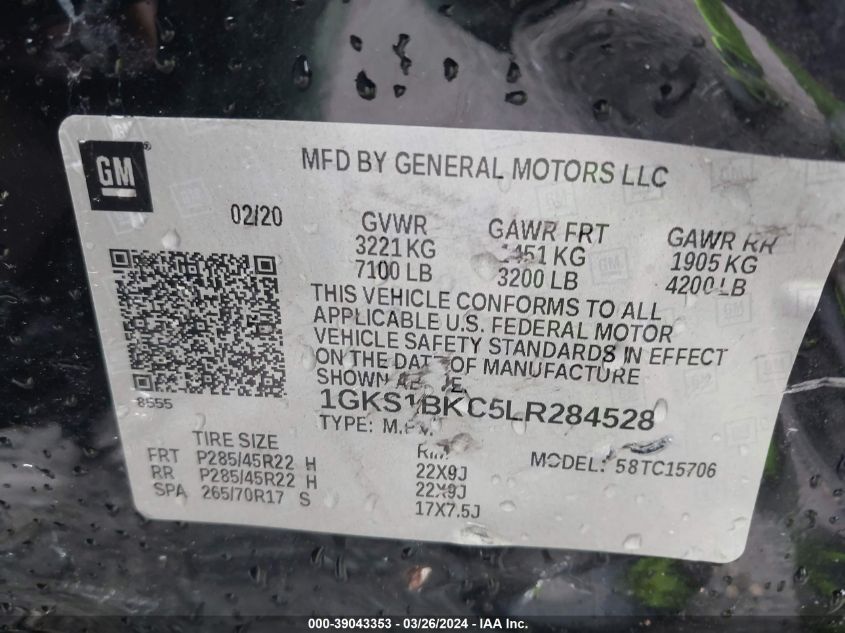 2020 GMC Yukon 2Wd Slt VIN: 1GKS1BKC5LR284528 Lot: 39043353