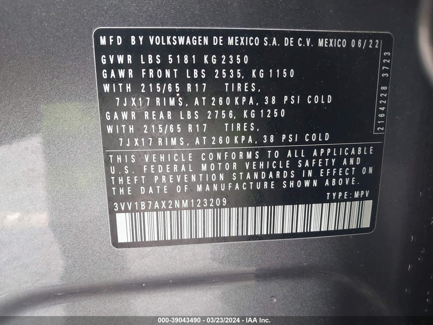 VIN 3VV1B7AX2NM123209 2022 VOLKSWAGEN TIGUAN 2.0T S