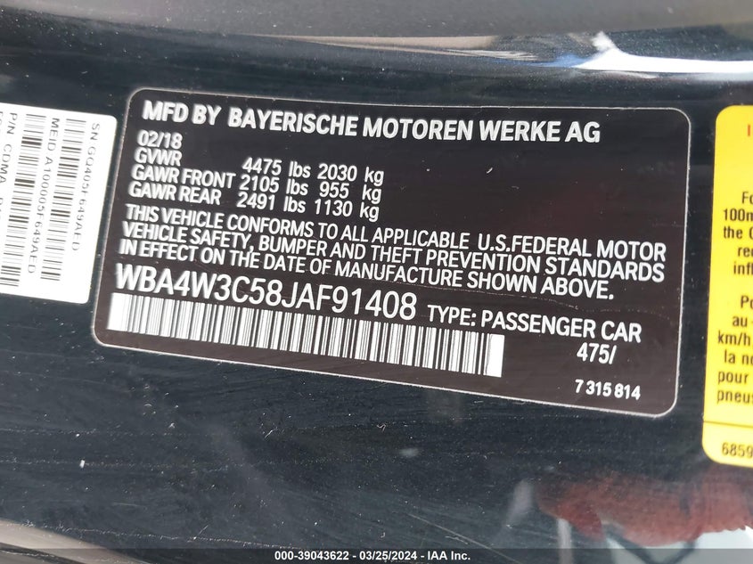 VIN WBA4W3C58JAF91408 2018 BMW 430I