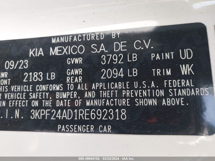 2024 Kia Forte Lx VIN: 3KPF24AD1RE692318 Lot: 39044182