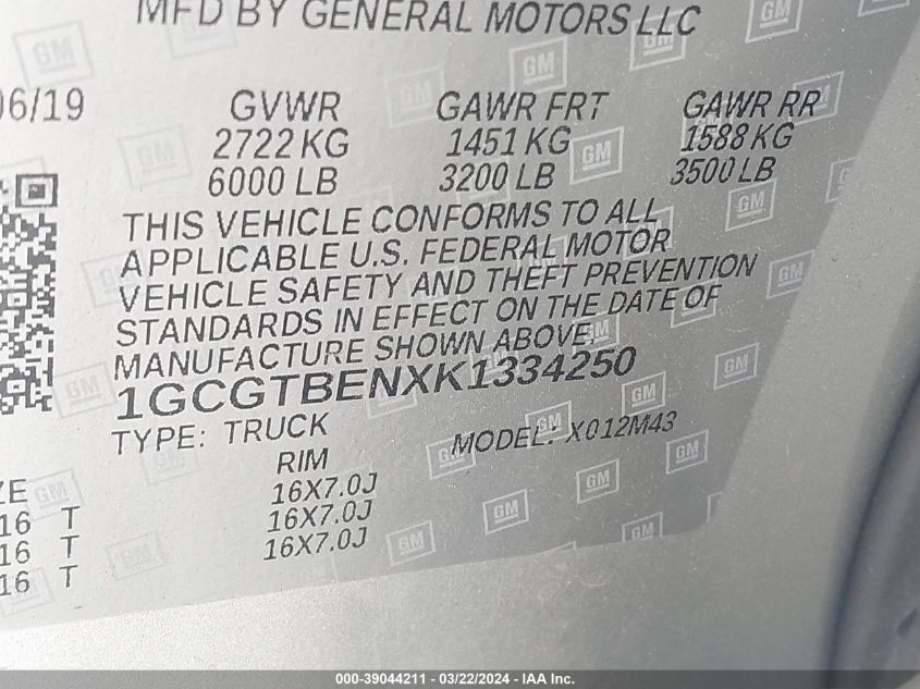 2019 Chevrolet Colorado Wt VIN: 1GCGTBENXK1334250 Lot: 39044211