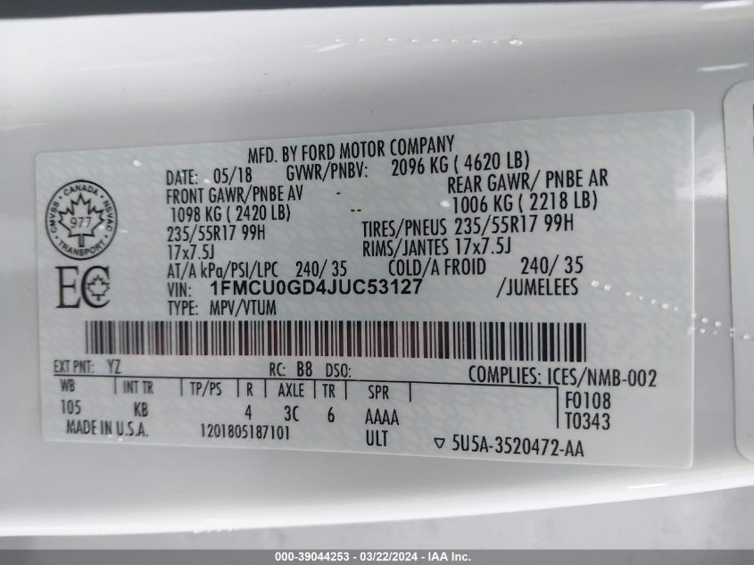 VIN 1FMCU0GD4JUC53127 2018 FORD ESCAPE SE