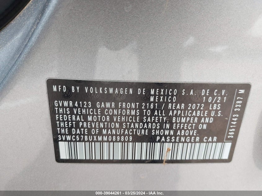 VIN 3VWC57BUXMM089809 2021 VOLKSWAGEN JETTA S/SE/R-LINE