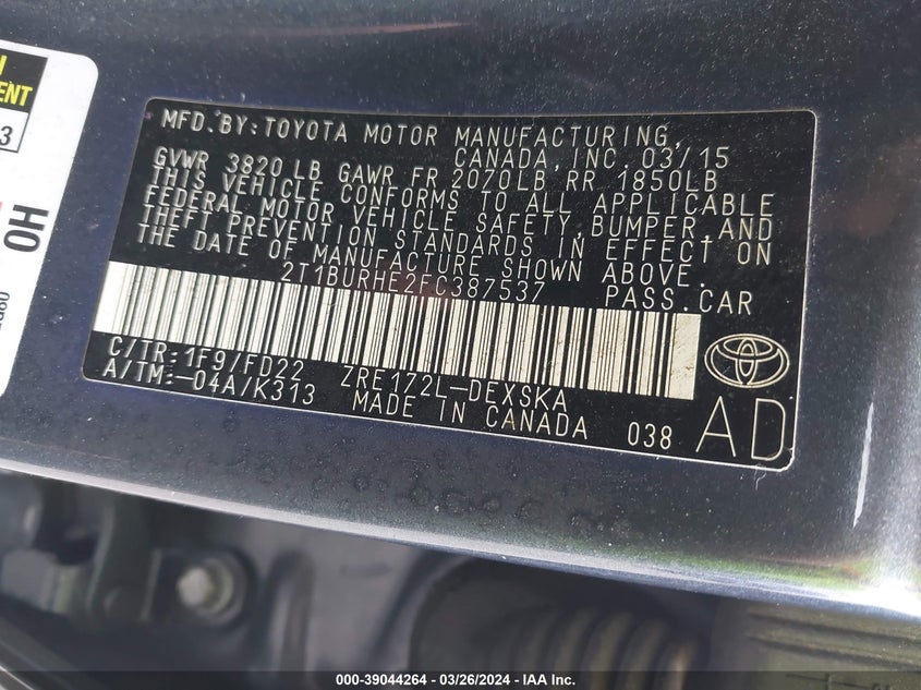 2015 TOYOTA COROLLA S PLUS - 2T1BURHE2FC387537