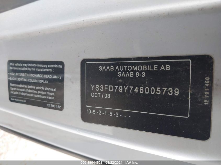 YS3FD79Y746005739 2004 Saab 9-3 Arc