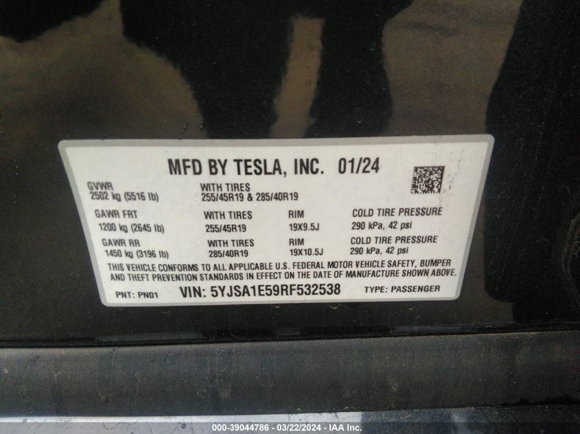 2024 Tesla Model S Long Range VIN: 5YJSA1E59RF532538 Lot: 39044786