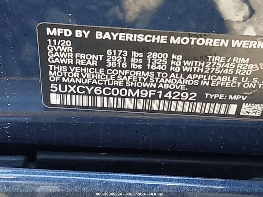 VIN 5UXCY6C00M9F14292 2021 BMW X6, Xdrive40I no.9