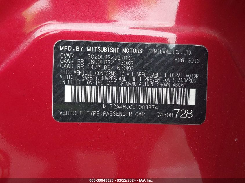 ML32A4HJ0EH003874 | 2014 MITSUBISHI MIRAGE