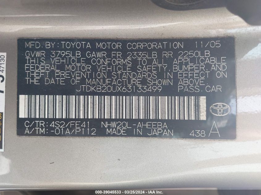 JTDKB20UX63133499 | 2006 TOYOTA PRIUS