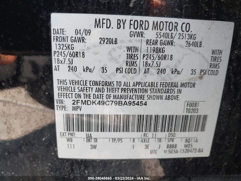 2009 Ford Edge Limited VIN: 2FMDK49C79BA95454 Lot: 39045665