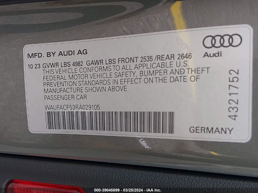 WAUFACF53RA029105 | 2024 AUDI A5 SPORTBACK