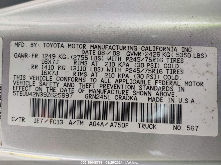 5TEUU42N39Z625897 | 2009 TOYOTA TACOMA